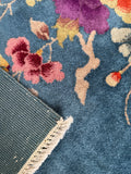 3x5 teal blue wool rug, antique Chinese Art Deco rug, vintage floral hand knotted area rug.