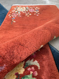 2x4 rust orange Chinese floral rug, vintage Art Deco wool rug, small antique area rug.