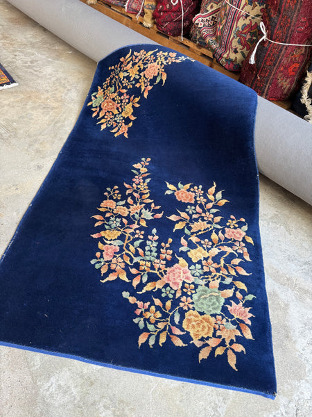 Antique 1930s Art Deco Chinese rug handwoven with vegetable dyed wool.