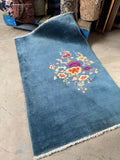 3x5 teal blue Chinese Art Deco rug, antique floral wool rug, 1930s hand knotted vintage area rug with peony design.