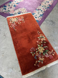 2x4 burnt orange Chinese Art Deco rug, antique floral wool rug, vintage small area rug, plush low pile 1930s rug.