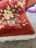 2x4 rust red Chinese Art Deco rug, antique floral wool rug, vintage bathroom rug.