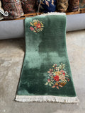 2x4 green Chinese Art Deco rug. Small vintage floral rug. Wool accent rug. Vegetable dyed wool.