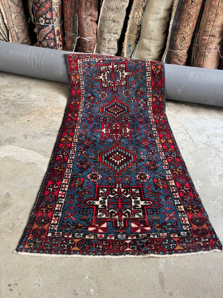 French Blue Vintage Persian Rug / 3'3 x 6'5 Gharajeh Karaja Rug
