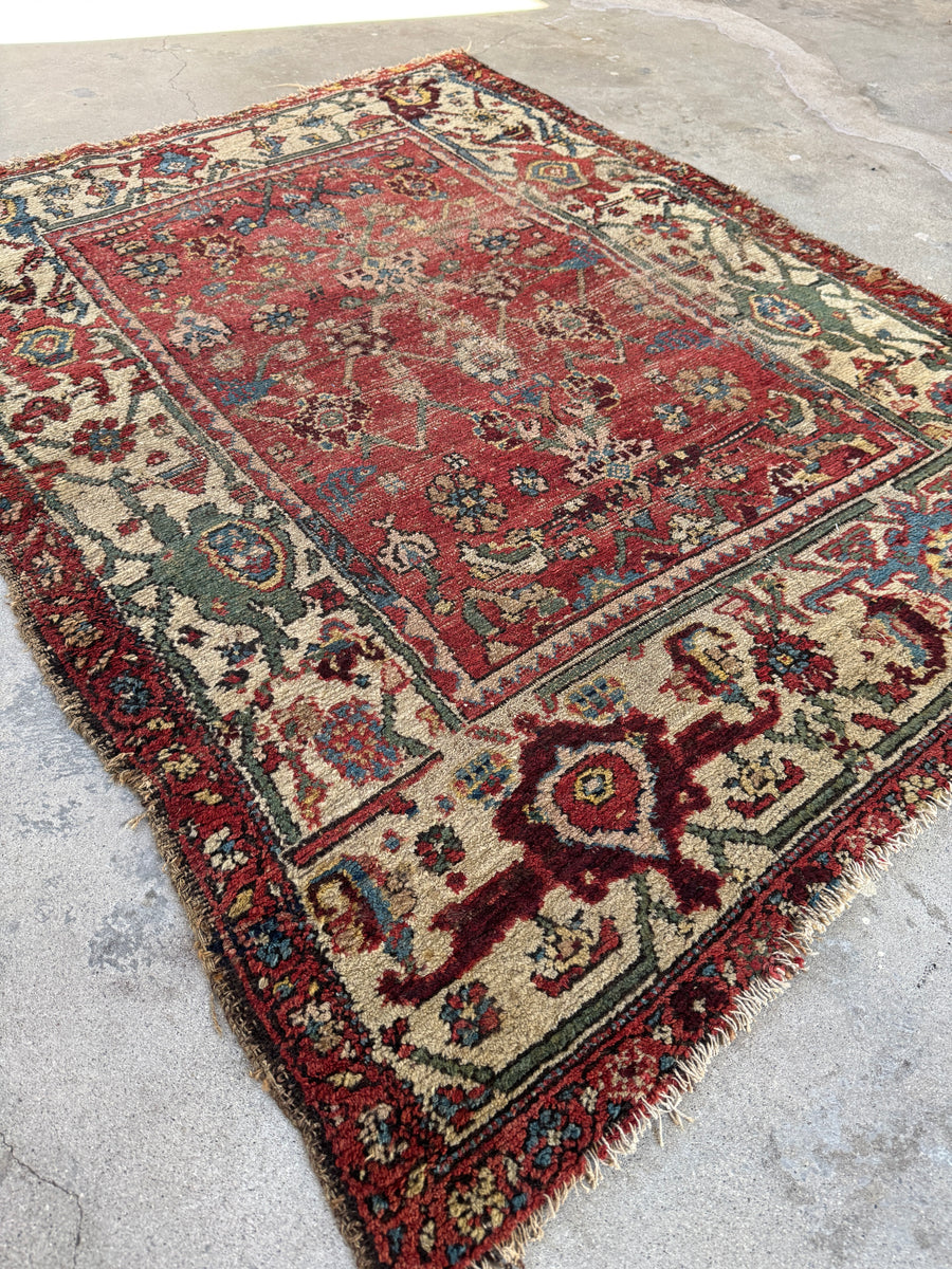 Square Worn Persian Antique Rug / 4' x 5'6 Sultanabad Mahal Rug #4364M ...