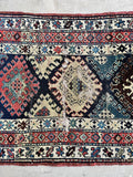 3x16 black ivory antique tribal runner rug, circa 1880 Caucasian wool hallway rug with character and age.