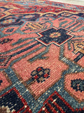Antique Persian area rug. 1920s Heriz carpet with geometric medallion, stylized botanical motifs, and charming animal figures throughout the field.