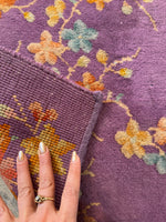 Underside of Small Chinese Art Deco rug with rich purple tones.