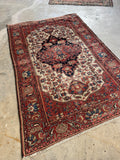 Antique Persian Ferahan rug 4'5 x 6'10 with ivory medallion and vegetable dyed wool.