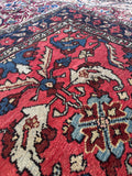 Antique Persian Malayer vintage rug watermelon red ground overhead view
