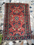 Antique Persian Malayer vintage area rug 3x5 coral red floral field, 1920s
