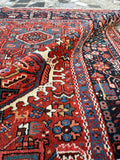 Close-up of diamond medallion on antique Persian Heriz Karaja rug, 3x5
