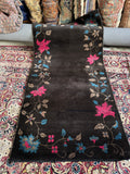 Vintage Art Deco Chinese area rug 3x6 dark espresso brown with pink and blue florals
