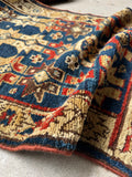 3x5 ivory blue tribal rug, antique Caucasian area rug with vegetable dyed wool and abrash.