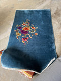 3x5 teal blue area rug, vintage Chinese Art Deco rug, antique wool floral rug with vegetable dyed wool.
