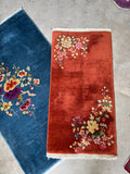 2x4 burnt coral Chinese Art Deco rug, small antique wool rug, floral vintage entryway rug.
