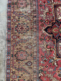 8x11 coral blue antique Persian rug, large vintage Heriz wool rug with hand knotted construction, Northwest Persian tribal design with scattered wear and age.