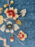3x5 blue floral antique rug, Chinese Art Deco hand knotted wool rug, vintage small area rug from the 1930s.