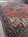 1920s Heriz rug 10x13 heavy durable wool scattered wear detail.