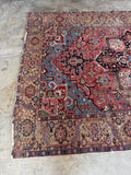 Vintage Persian Heriz rug 8x11 tribal coral blue camel.