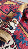 Long antique runner rug. 3x16. Tribal medallion red blue. 1920s.