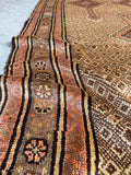 4x13 camel brown antique Persian runner rug, vintage Serab tribal wool rug.