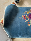 3x5 teal blue antique Chinese rug, floral peony wool rug, vintage Art Deco small area rug.