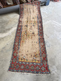 Vintage Caucasian wool runner, antique handmade hallway rug featuring bold geometric borders, authentic tribal design, and beautifully worn farmhouse style.