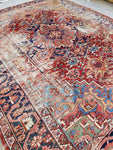 9'7 x 11'6 worn antique Heriz with french blue - Blue Parakeet Rugs