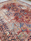 9'7 x 11'6 worn antique Heriz with french blue - Blue Parakeet Rugs