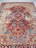 9'7 x 11'6 worn antique Heriz with french blue - Blue Parakeet Rugs