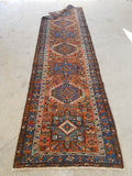 2'11 x 11'9 Antique tribal Heriz Runner / Skinny Vintage Runner (#1328) - Blue Parakeet Rugs