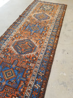 2'11 x 11'9 Antique tribal Heriz Runner / Skinny Vintage Runner (#1328) - Blue Parakeet Rugs
