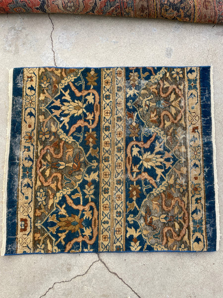 2'7 x 3 Antique 19th Century Agra scatter rug #2230 / 3x3 Vintage Rug - Blue Parakeet Rugs