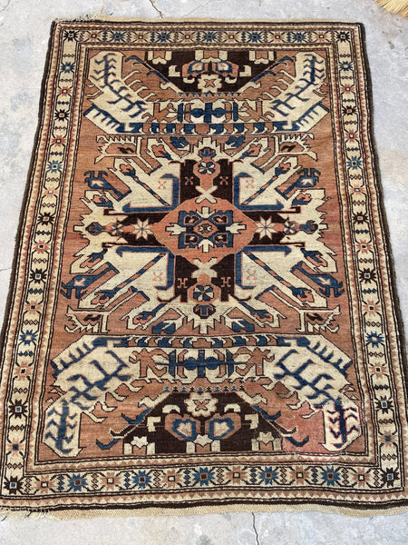 4'2 x 5'10 Antique Eagle Kazak (#1200)  / 4x6 Vintage Rug - Blue Parakeet Rugs