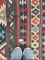 4'10 x 10'7 Antique Kuba Kilim Flatweave Rug / Large Caucasian Rug - Blue Parakeet Rugs
