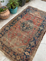 3'7 x 6'5 Worn Kurdish rug #2052ML / 4x6 Vintage Rug - Blue Parakeet Rugs