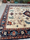 10'5 x 11'5 Antique ivory ground Heriz tribal rug #2054 / 11x12 Vintage Rug - Blue Parakeet Rugs