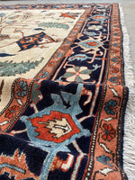 10'5 x 11'5 Antique ivory ground Heriz tribal rug #2054 / 11x12 Vintage Rug - Blue Parakeet Rugs