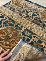 2'7 x 3 Antique 19th Century Agra scatter rug #2230 / 3x3 Vintage Rug - Blue Parakeet Rugs