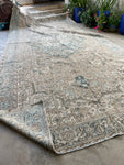 Oversize Antique Muted Persian Heriz Rug / 8'6 x 18'8 Ivory and Blue Tribal Rug #2880