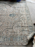 Oversize Antique Muted Persian Heriz Rug / 8'6 x 18'8 Ivory and Blue Tribal Rug #2880