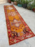 2'10 x 10'9 Antique Turkish Oushak in saffron runner #2071 / 3x11 Vintage Runner - Blue Parakeet Rugs