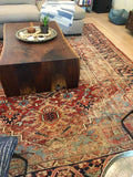 9'7 x 11'6 worn antique Heriz with french blue - Blue Parakeet Rugs