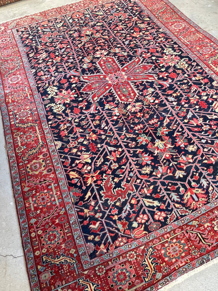 9' x 12'10 Antique Navy Midnight Blue Ground Persian Heriz rug #2626 / 9x13 Persian rug - Blue Parakeet Rugs