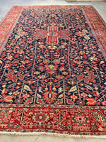 9' x 12'10 Antique Navy Midnight Blue Ground Persian Heriz rug #2626 / 9x13 Persian rug - Blue Parakeet Rugs