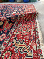 9' x 12'10 Antique Navy Midnight Blue Ground Persian Heriz rug #2626 / 9x13 Persian rug - Blue Parakeet Rugs