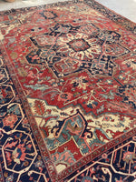 9'6 x 12' Antique Serapi rug with ivory spandrels #2079 / 10x12 Vintage Rug - Blue Parakeet Rugs