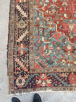 8' x 12'2 Antique Heriz with French blue rug #2082 / 8x12 Vintage Rug - Blue Parakeet Rugs