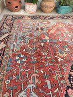 8' x 12'2 Antique Heriz with French blue rug #2082 / 8x12 Vintage Rug - Blue Parakeet Rugs